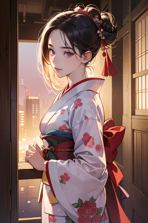 (masutepiece, Digital Art, Digital Illustration, 4K, 8K, Ultra-detailed, beautiful image, Sharp Image, Photorealistic, Raw photo, Perfect face, Perfect lines, Perfect eyes, Soft lighting) ,A girl in a kimono and a man in Jinpei are kissing