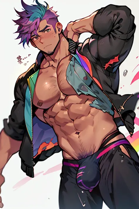 1boy,male focus,jacket,pectorals extremely masculine muscular character, ripped clothes, shirtless, huge bulge, ,solo,shirt,open jacket,open clothes,short hair, rainbow male,rainbow hair, compressing the pectorals, growth, clothes explode off character