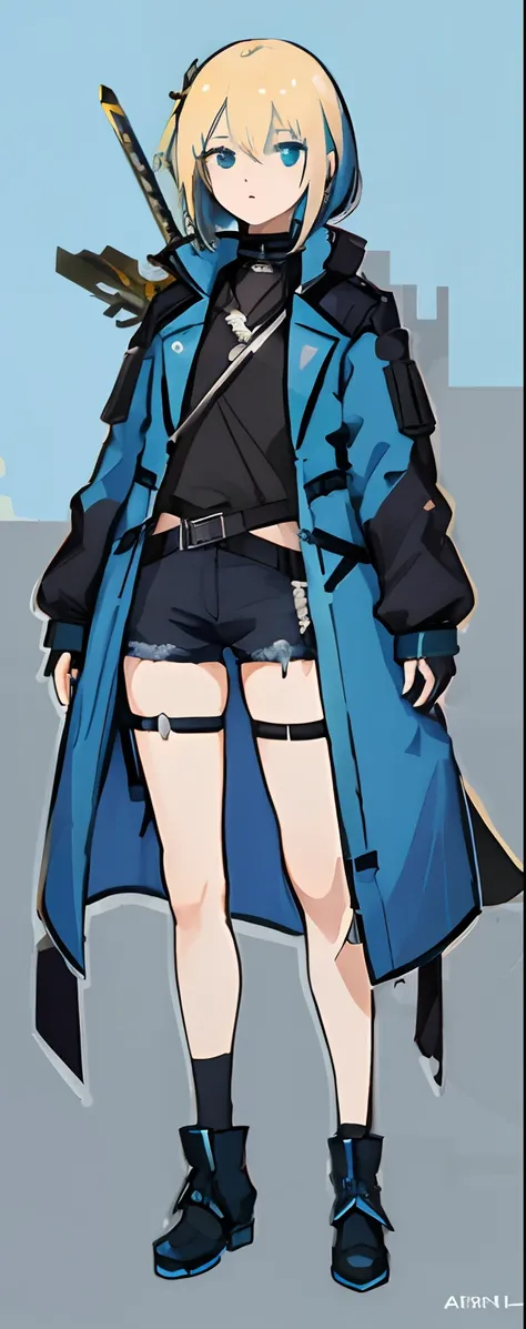 Short girl in blue coat, black t-shirt and blue jeans, in full height, 15 years, A sword can be seen over her shoulder, Blonde woman with golden short hair, Cyan eyes, Leather brown strap for two circles, Black Boots , RPG full-length portrait, full body i...