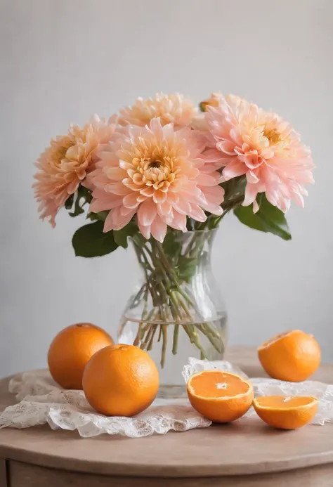 There is a vase on the table，Crystal and transparent flowers、Covered with flowers and oranges, Pastels inspired by François Boket, unsplash, barroco, Magnificent composition, Dahlia Flower, Paper chrysanthemum, Floating bouquet, magical flowers, realistic ...