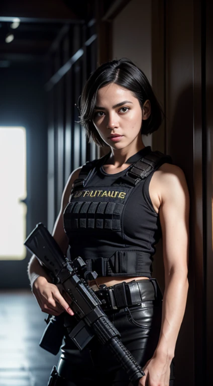 1 girl with short hair,Tomboyish, (Photorealistic)++, Beautiful lighting, Masterpiece++, Best quality++, Realistic, Full body portrait, Realphotos, intricately details, Depth of field, 1 girl, Soldier girl black hair sniper rifle handle, Black military uni...