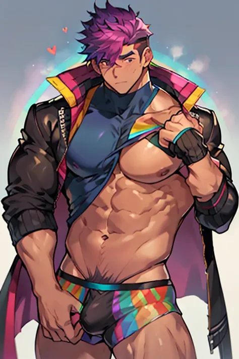 1boy,male focus,jacket,pectorals extremely masculine muscular character, ripped clothes, shirtless, huge bulge, ,solo,shirt,open jacket,open clothes, rainbow cape, thong, short hair, rainbow male,rainbow hair, compressing the pectorals, growth, clothes exp...