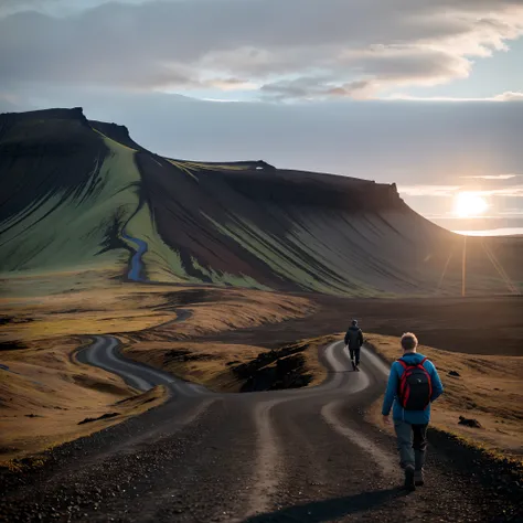 There were two men walking on a dirt road in the mountains, iceland hills in the background, iceland photography, an icelandic landscape, iceland landscape, iceland landscape, unsplash contest winning photo, iceland landscape photography, sci-fi of iceland...