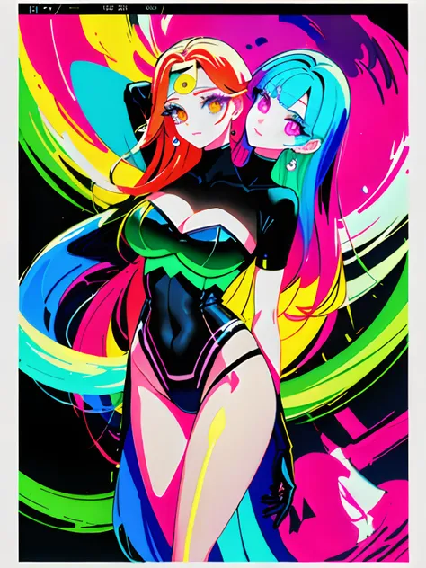 (masterpiece, best quality), best resolution, (2heads:1.5), 1girl, Woman with long light hair and bright makeup, perfect clear face, perfect anatomy, painting of a, Vivid neon ink painting, Vibrant digital painting, Vibrant digital art, colorful art, art o...