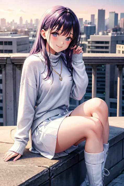 sitting , smile , White knitwear, white skirt , purple hair , purple boot , sprade legs , city background