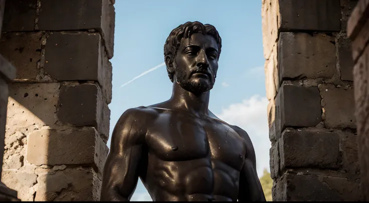 Ancient Stoic Statue With Very Angry Expression, tem barba, muitos detalhes em ambos os olhos, Outside, fundo atenas grego, open sky, com rosto extremamente detalhado full body view, Colors with low saturation with dark tone, Filmado em Sony A7S III com So...