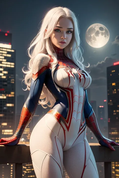 (masutepiece, 4K resolution, Ultra-realistic, Highly detailed), (Superhero theme in white costume, Charismatic, NSFW Girl Over the City, Wearing a white Spider-Man costume, Superheroine), (Beautiful Face 1.4), [((23 years old), (long white hair:1.2), full ...