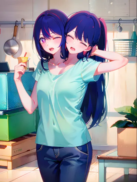 (masterpiece, best quality), best resolution, (2heads:1.5), 1girl, hoshino ai character, weary, headache, hangover, one head kissing another, heads tilted in towards each other, in pain, dizzy, extremely long purple hair, hair reaching the floor, hair wide...