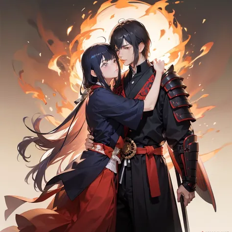 a couple, oda nobunaga, samurai man, samurai suit, samurai armor,nohime black long hair, hug, background on fire, the background...