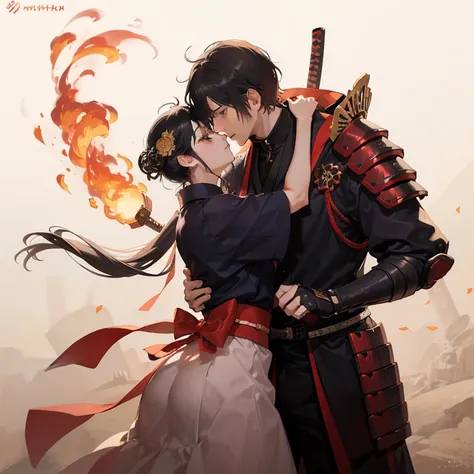 a couple, oda nobunaga, samurai man, samurai suit, samurai armor,nohime black long hair, hug, background on fire, the background...