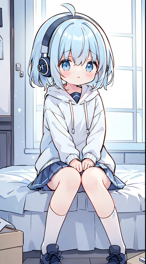 ((Best Picture, 8K, Best Quality, High Quality, Best Quality)) girl 1, one, loli, cute, light blue hair, gray eyes, bobbed hair, headphones, withdrawn, sitting, depressed, feeling gloomy, in dark room, looking down, holding game console