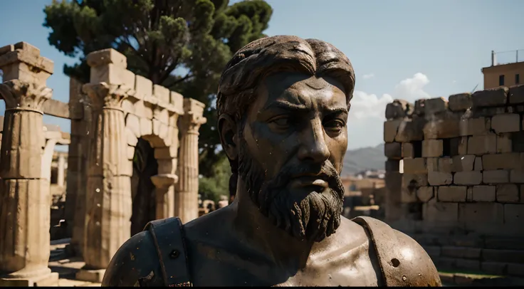 Ancient Stoic Statue With Very Angry Expression, tem barba, muitos detalhes em ambos os olhos, Outside, fundo atenas grego, open sky, com rosto extremamente detalhado full body view, Colors with low saturation with dark tone, Filmado em Sony A7S III com So...