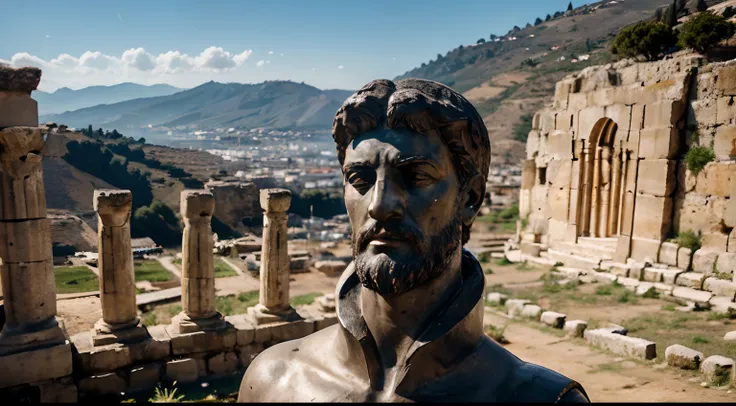 Ancient Stoic Statue With Very Angry Expression, tem barba, muitos detalhes em ambos os olhos, Outside, fundo atenas grego, open sky, com rosto extremamente detalhado full body view, Colors with low saturation with dark tone, Filmado em Sony A7S III com So...