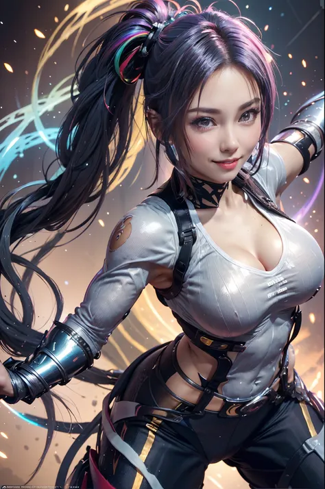 Arafe woman solo with ponytail hair、Fighting Game Fighter、Fitness Model、Big breasts about to burst、No exposed skin、Metallic Light Rainbow Combat Suit、thin and long legs,、Fitness Body Shape、half-pants、White belt、Pose ready to fight、Mischievous smile