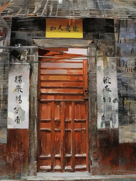 The doorway of the building，There is a sign on it，It says China, doorways, with ancient chinese aesthetic, shanghai, tall door, Doors leading to various living areas, Door, in a narrow chinese alley, Bantam door, elaborate detail, jin shan, Chinese archite...