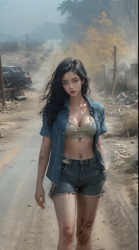 Yael Shelbia (beautiful and bold, seductive and attractive, blue eyes, pointed breasts, long curly black hair, sweaty body, open shirt, short shorts, boot, short glove, thick legs). (deserted road, dirt road, smoke, abandoned cars, newspapers, abandoned ob...