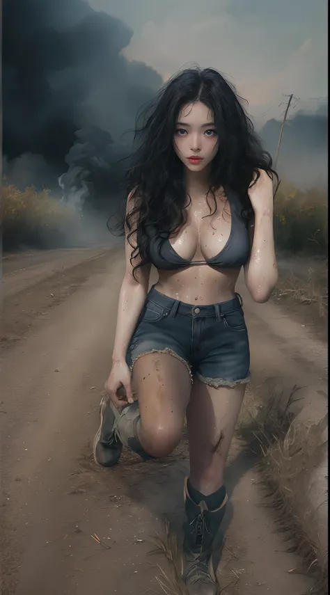 Yael Shelbia (beautiful and bold, seductive and attractive, blue eyes, pointed breasts, long curly black hair, sweaty body, open shirt, short shorts, boot, short glove, thick legs). (deserted road, dirt road, smoke, abandoned cars, newspapers, abandoned ob...