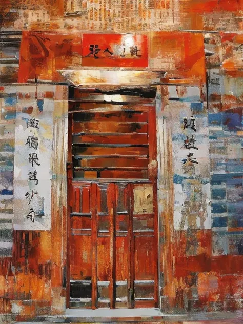 The doorway of the building，There is a sign on it，It says China, doorways, with ancient chinese aesthetic, shanghai, tall door, Doors leading to various living areas, Door, in a narrow chinese alley, Bantam Author, elaborate detail, jin shan, Chinese archi...