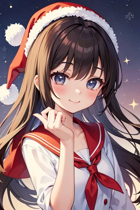 Smiling dark-haired girl in a sailor suit wearing a Santa Claus hat