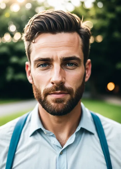 Portrait of a man on a 35mm lens, f1,2, natural lightin, exteriors, summer, middey, 4k,Highly detailed