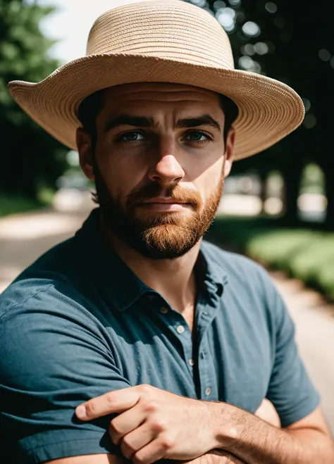 Portrait of a man on a 35mm lens, f1,2, natural lightin, exteriors, summer, middey, 4k,Highly detailed