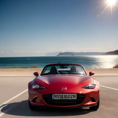 wabstyle, mazda mx5, roule en bord de mer, avec du soleil, style dessin manga, shooting from below, shot on sony a7iii, in the s...