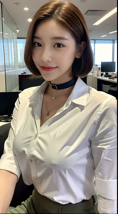 ((top-quality、8K、masterpies:1.3、Being in the company、OL、Office Casual Setup、White shirt with collar、very large breast bulge))、1girl in、Slim Beauty:1.3、Super Detail Face、Delicat eyes、二重まぶた、facial expression of smile、full body Esbian、Brown hair、Suntan-Skin、2...