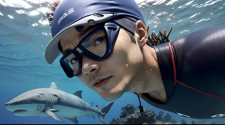 A high resolution，ultra - detailed，1 man，独奏，Extremely detailed eyes，The man wears a swimming cap，Swimming goggles，Underwater_To_View_marine_life，，rough breath（Panting），abyssal，dive，Freediving，Deep sea diving，the shark，Diving goggles，Diving goggles，The deep...