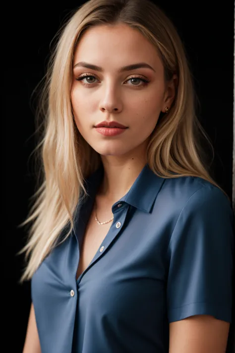 raw photo of melpel,portrait, blue blouse, blonde, makeup, blue blouse, black background,(high detailed skin:1.2), 8k uhd, dslr,...