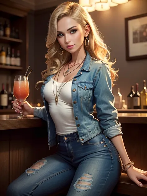 beautiful girl in a denim suit,sitting at the bar,classic medium,soft denim fabric,trendy denim jacket,tight-fitting jeans,stylish,chic,detailed stitching,designers touch,leather boots,high heels,dangling earrings,delicate necklace,wavy blond hair,perfectl...