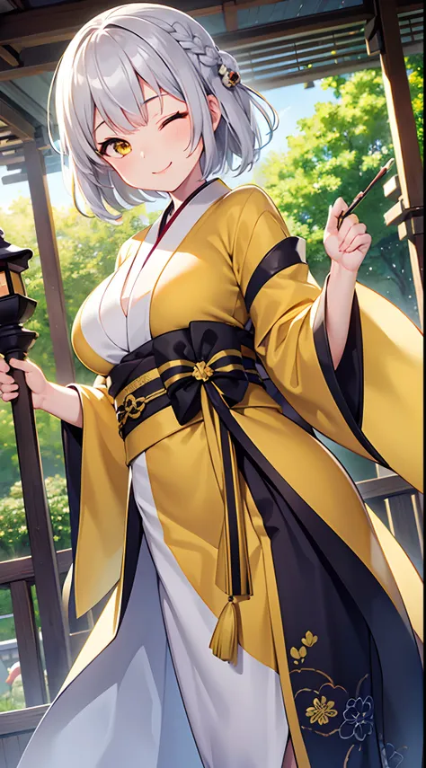 1 girl, game CG, yellow kimono, hair ornament, gigantic breasts, silver hair, short hair, french braid, yellow eyes, Japanese shrine, dynamic, double piece, smile, one eye closed,