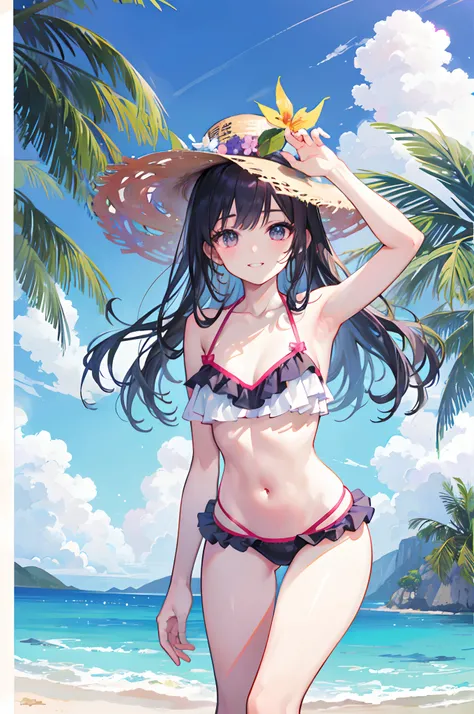 (Everlasting summer beach), (Bikini swimwear), (​masterpiece, top-quality, 8K picture quality)、(Realistic), THE ULTIMATE ANIME ILLUSTRATOR:1.2, hight resolution), (look from down:1.2), (Beautiful leg lines:1, thick thight:1.1),1girl in,20yr old, detailed t...