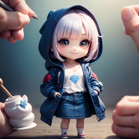 ​masterpiece、top-quality、ultra-detailliert、(Chibi Charas:1.2)、White Bob、Blue denim hooded coat、Blue denim camisole、Long skirt in blue denim、Gorgeous embroidery of roses on all、Standing、a smile、Plain background