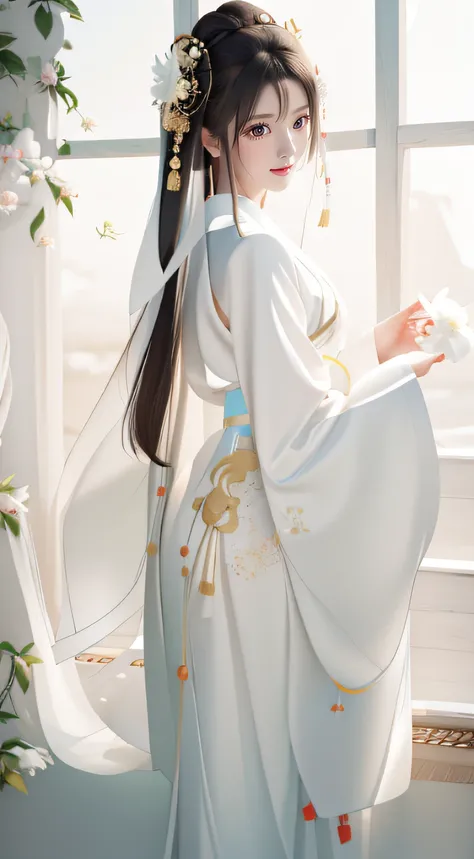 there is a woman in a white dress holding a flower, White Hanfu, palace ， A girl in Hanfu, Hanfu, flowing white robe, Wearing ancient Chinese clothes, long white robe，Gold accents, flowing hair and long robes, Anime girl cosplay, Keqing from Genshin Impact...