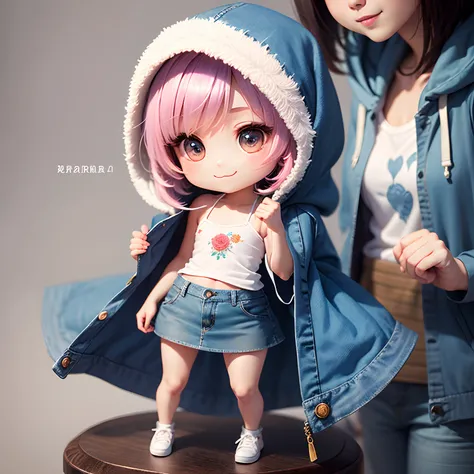 ​masterpiece、top-quality、ultra-detailliert、(Chibi Charas:1.2)、White Bob、Blue Denim Hooded Coat、Blue Denim Camisole、Long blue denim skirt、Gorgeous embroidery of roses on the entire surface、Standing、A smile、Plain background