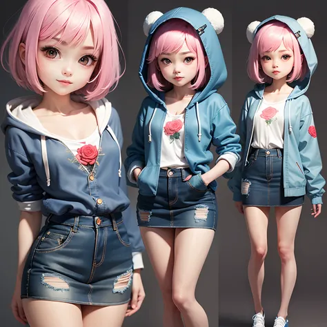 ​masterpiece、top-quality、ultra-detailliert、(Chibi Charas:1.2)、White Bob、Blue Denim Hooded Coat、Blue Denim Camisole、Blue Denim Long Skirt、Gorgeous embroidery of roses on the entire surface、espadrilles、Standing、A smile、Plain background