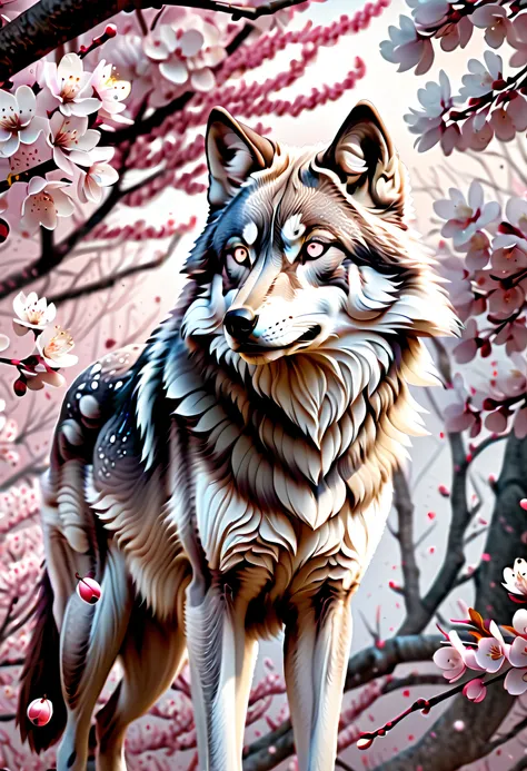 majestic gray wolf with a gradient of cherry blossoms and plum trees, whirlwind of delicate petals adorned glow, swirling and intricate background of falling petals, beautiful eyes with catchlight in piercing gaze, highlights its beautiful fur, utmost prec...