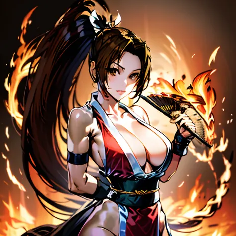 kinu nishimura, shiranui mai, ((shiranui mai KOF official art)), dynamic pose,brown eyes, long hair, brown hair, white ribbon, sleeveless, ponytail, sash, pelvic curtain, arm guards, gloves, tabi, maims, large breasts, pelvis curtain, japanese clothes, rev...