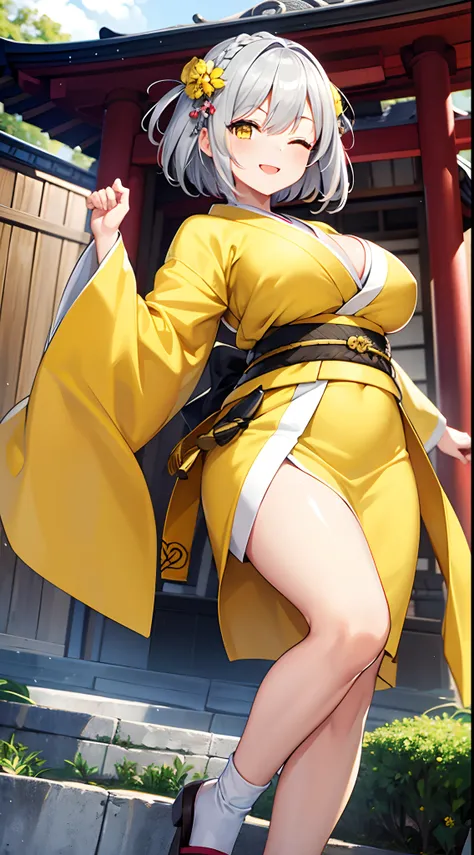 1 girl, game CG, yellow kimono, hair ornament, gigantic breasts, silver hair, short hair, french braid, yellow eyes, Japanese shrine, dynamic, double piece, smile, one eye closed,