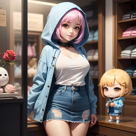 ​masterpiece、top-quality、ultra-detailliert、(The daughter of a certain chibi character:1.2)、White Bob、Blue Denim Hooded Coat、Blue Denim Camisole、Blue Denim Long Skirt、Gorgeous embroidery of roses on the entire surface、espadrilles、Standing、A smile、Inside a c...