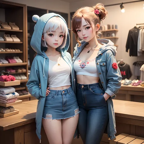 ​masterpiece、top-quality、ultra-detailliert、(The daughter of a certain chibi character:1.2)、White Bob、Blue Denim Hooded Coat、Blue Denim Camisole、Blue Denim Long Skirt、Ornate embroidery of roses throughout、espadrilles、Standing、A smile、Inside a chibi denim sh...