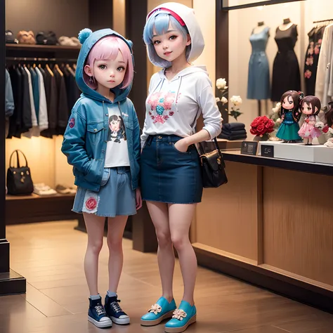 ​masterpiece、top-quality、ultra-detailliert、(The daughter of a certain chibi character:1.2)、White Bob、Blue Denim Hooded Coat、Blue Denim Camisole、Blue Denim Long Skirt、Ornate embroidery of roses throughout、espadrilles、Standing、A smile、Inside a chibi denim sh...