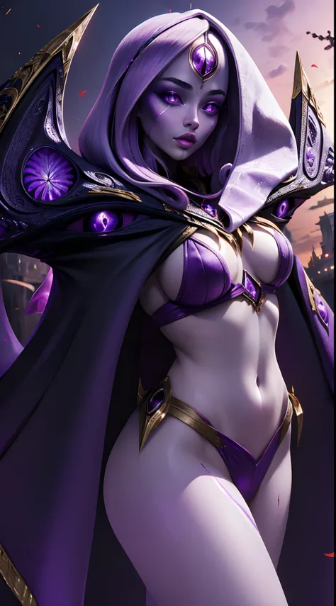 (masterpiece, best quality:1.2), intricate details, belgirl, 1girl, third eye, purple skin, glowing, cloak, navel