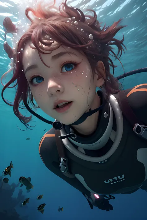 absurderes，A high resolution，ultra - detailed，1girl，独奏，Extremely detailed eyes，colorfulhair，mtu，Coral eyes，，Diving_underwater_to_view_marine_life，，Heavy breathing（panting），abyssal，dive