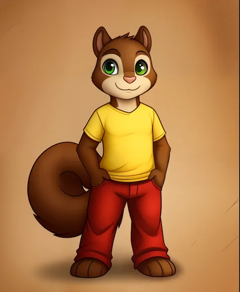 Charles the squirrel, yellow shirt with a C on it, red pants, green eyes, full body view