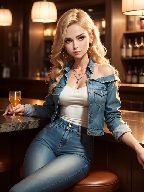 beautiful girl in a denim suit,sitting at the bar,classic medium,soft denim fabric,trendy denim jacket,tight-fitting jeans,stylish,chic,detailed stitching,designers touch,leather boots,high heels,dangling earrings,delicate necklace,wavy blond hair,perfectl...