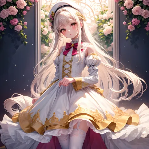 a extremely delicate and beautiful girl, extremely delicate and beautiful, intricate detail, whole body, Girls Front, focus on the girl, head tilt, petite, 1 girl, young girls, long Bright wavy hair, flower with hair, Air bangs, beautiful and detailed loon...