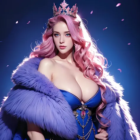 The woman, long curly hair, pink hair, blue eyes, Queen, crown, sexy outfit, fur coat, elegant, dark blue background, elf, low-cut outfit, big breast