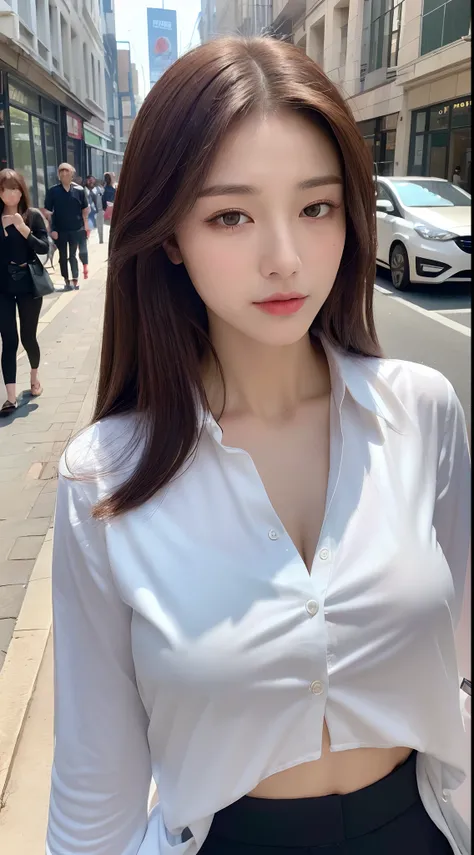 ((Best quality, 8k, Masterpiece :1.3)), Sharp focus :1.2, A pretty woman with perfect figure :1.4, Slender abs :1.2, ((Dark brown hair, Big breasts :1.2)), (White button up long shirt :1.1), City street:1.2, Highly detailed face and skin texture, Detailed ...