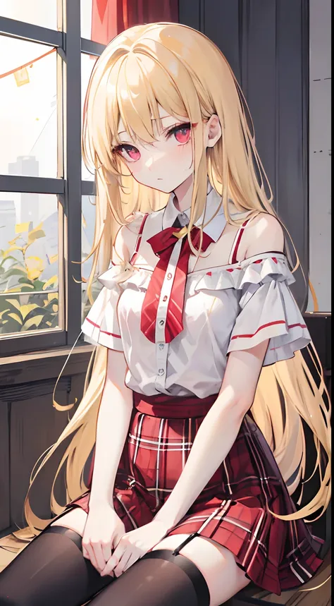 Long blonde hair，Straight hair is emanated，red color eyes，Eye highlights，short plaid skirt，Plaid off-the-shoulder shirt with short sleeves，open waist，black lence stockings，sadness look，Sitting in a small room looking out the window，Sit at your desk，Outside...